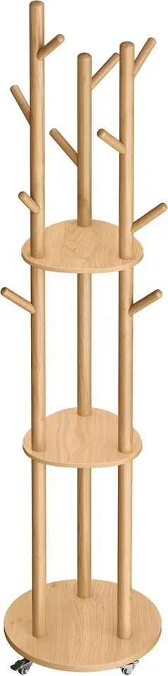 Cabide com 11 ganchos e 3 prateleiras 40 cm (diâmetro), 175 cm (altura), 4 rodas giratórias e amovíveis cor natural