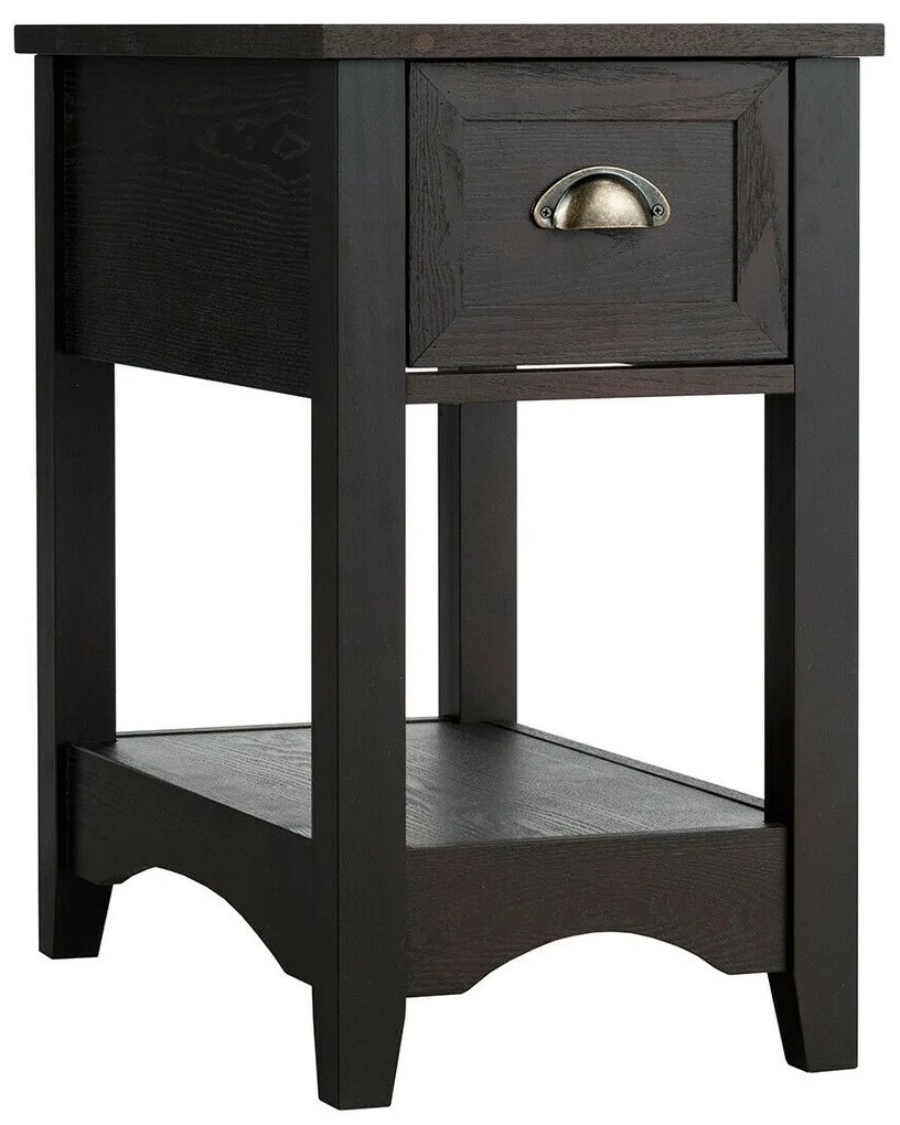 Mesa lateral retrô estreita com 2 peças, gaveta e prateleira de armazenamento - marrom