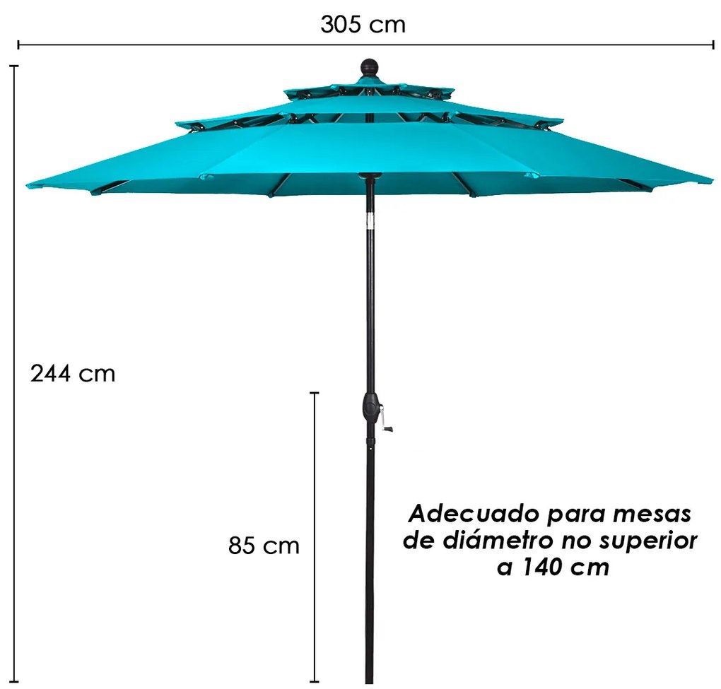 Guarda-sol auto-inclinável de 3 m e 3 níveis com pega para utilização no exterior Ventilação dupla em alumínio para Jardim Turquesa