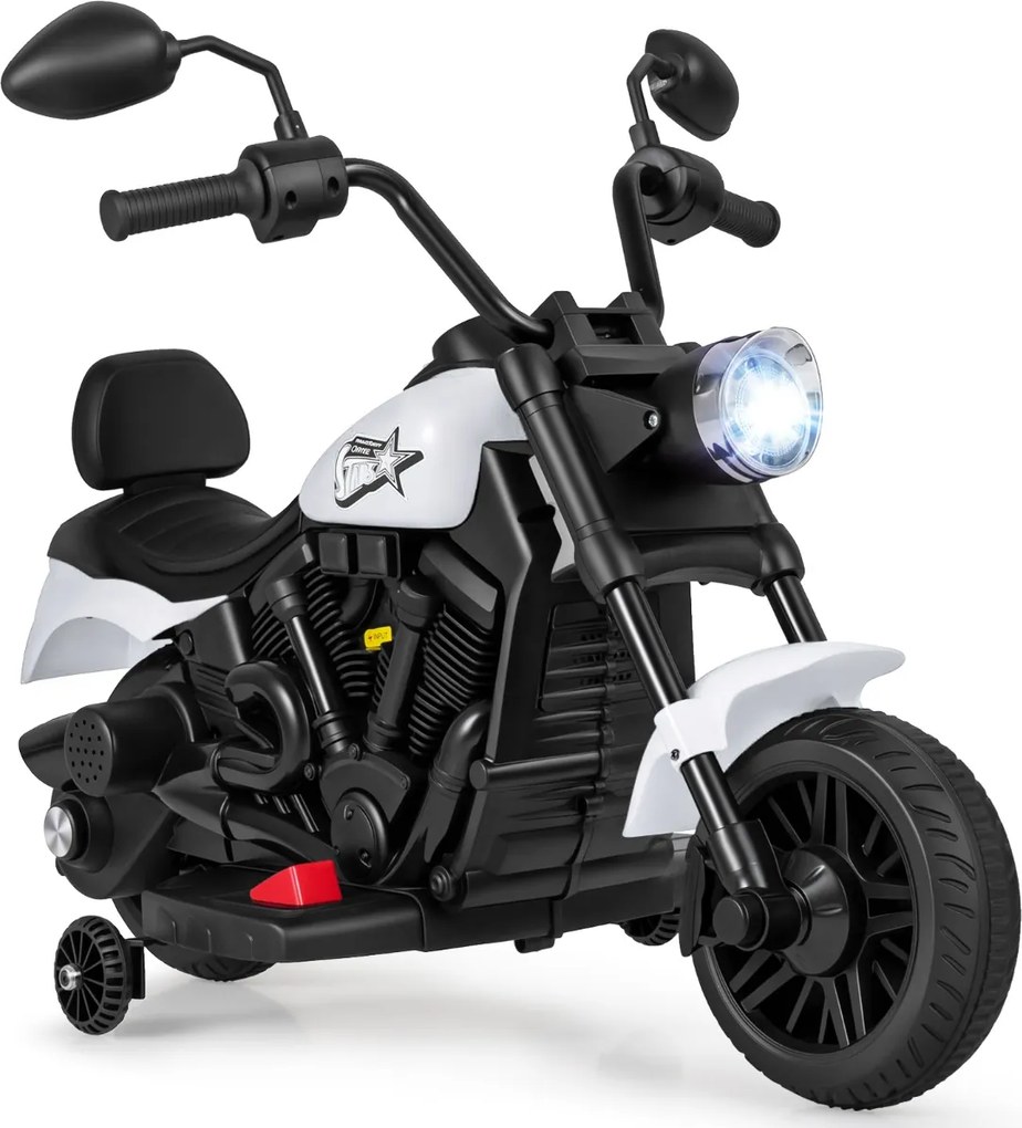 Mota elétrica infantil de 6 V com farol LED, música, 2 rodas, pedais de treino e espelhos retrovisores – a partir dos 18 meses – Preto + Branco