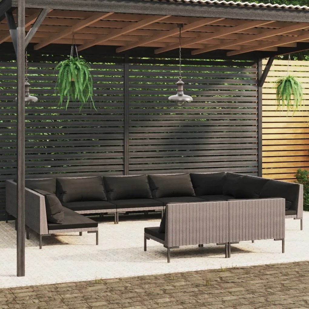 vidaXL 11pcs conj. lounge jardim c/ almofadões vime PE cinzento-escuro