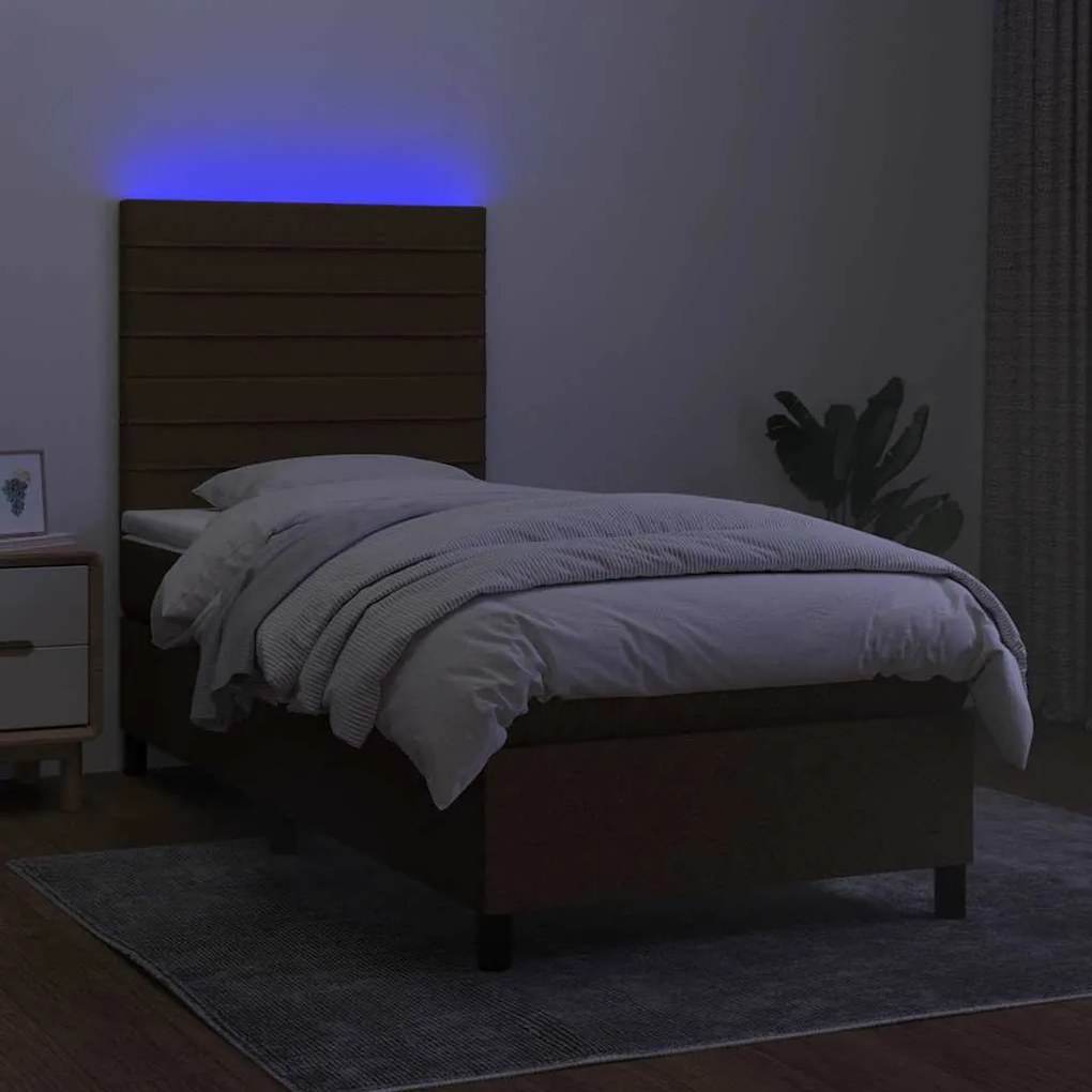 Cama box spring c/ colchão/LED 90x200 cm tecido castanho-escuro