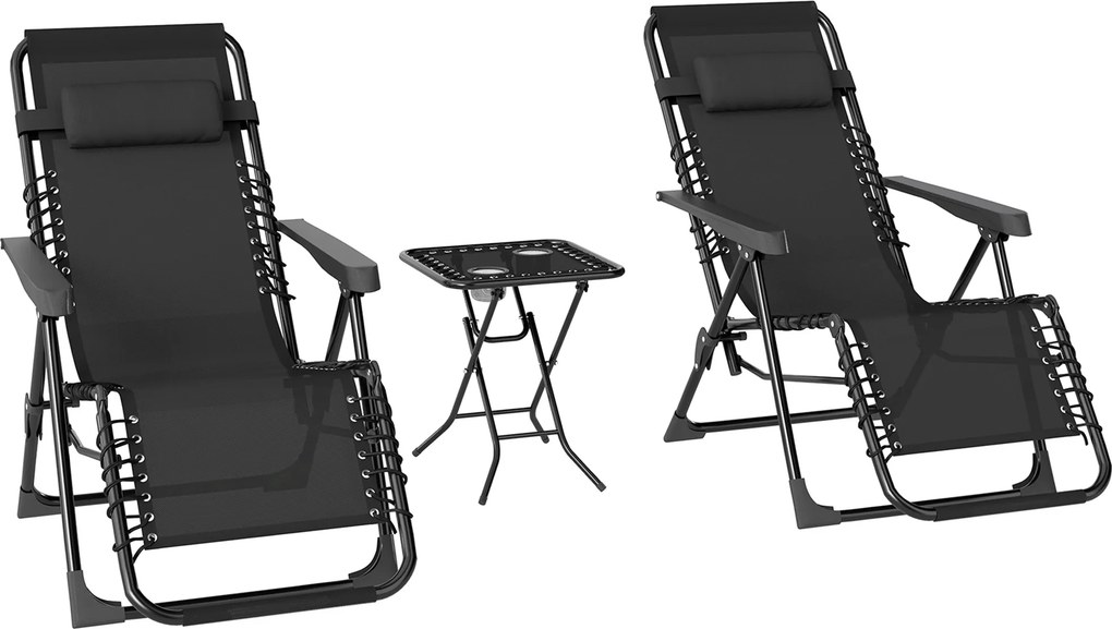 Outsunny Conjunto de 2 Espreguiçadeiras Jardim Exterior Dobráveis de Gravidade Zero com Mesa Auxiliar com Suportes para Copos Almofada de Cabeça Preto | Aosom Portugal