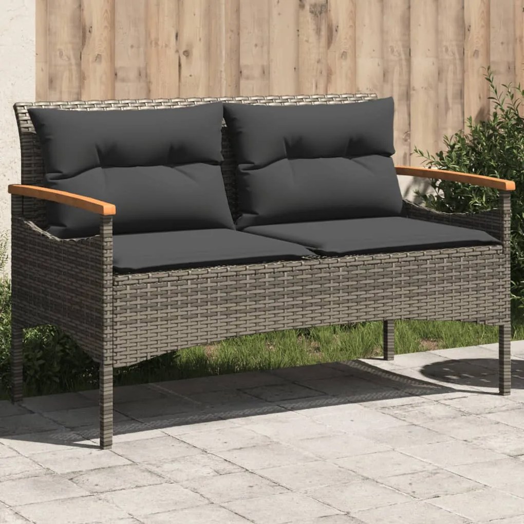 vidaXL Banco de jardim c/ almofadões 116x62,5x74 cm vime PE cinzento