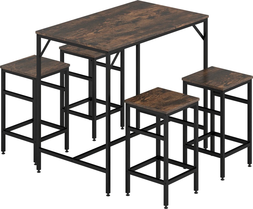 HOMCOM Conjunto de Mesa de Bar com 4 Bancos com Apoio para os Pés Mesa de 100x60x88cm e Bancos de 32x32x57cm Preto e Nogueira | Aosom Portugal