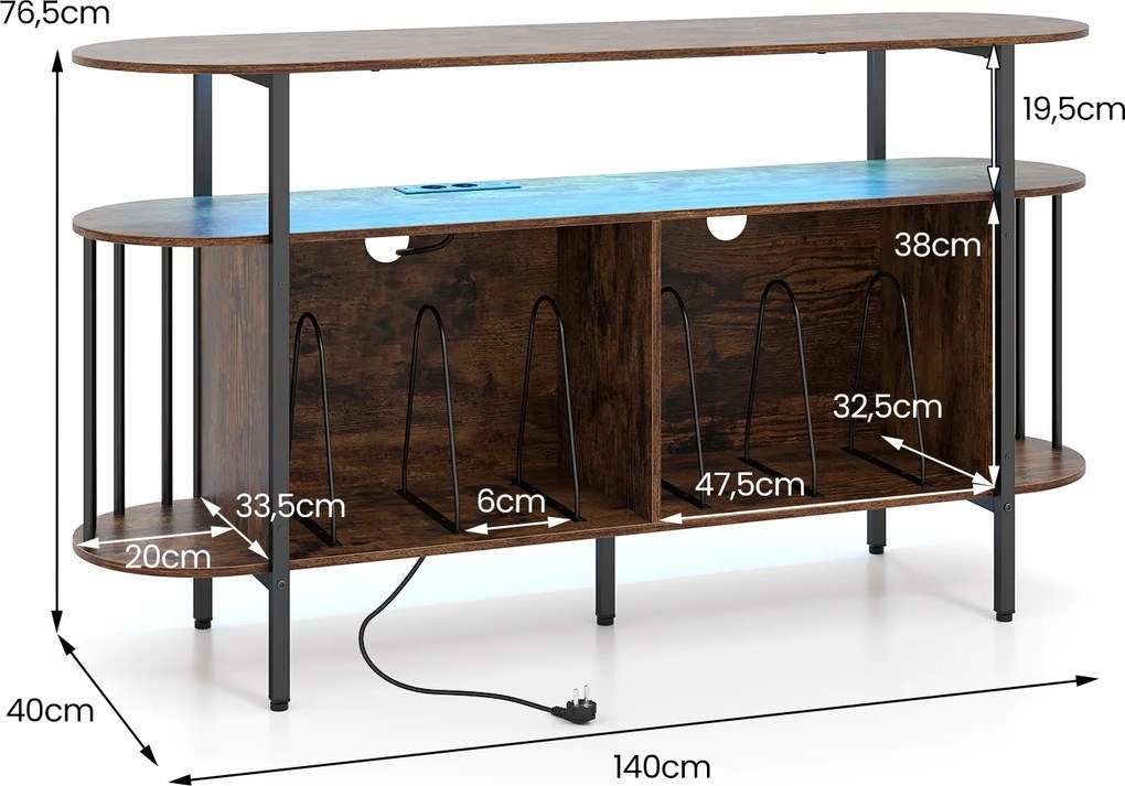 Móvel para Discos de Vinil, 140 x 40 x 76,5 cm, Estação de Carregamento Integrada, Castanho+Preto