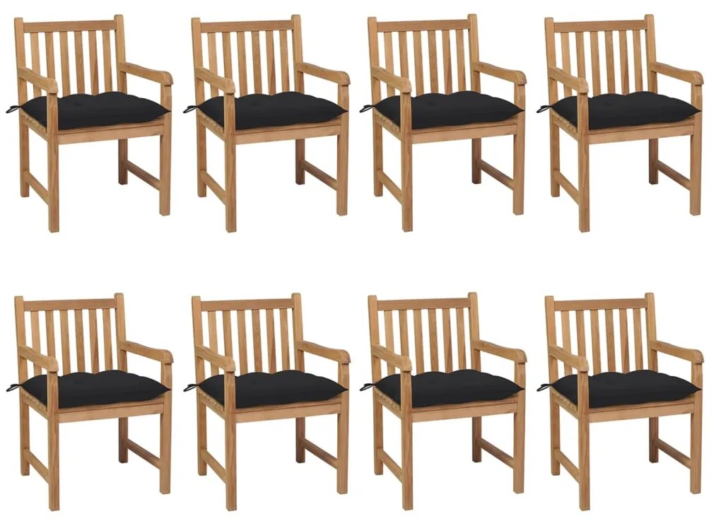 vidaXL Cadeiras de jardim c/ almofadões preto 8 pcs teca maciça