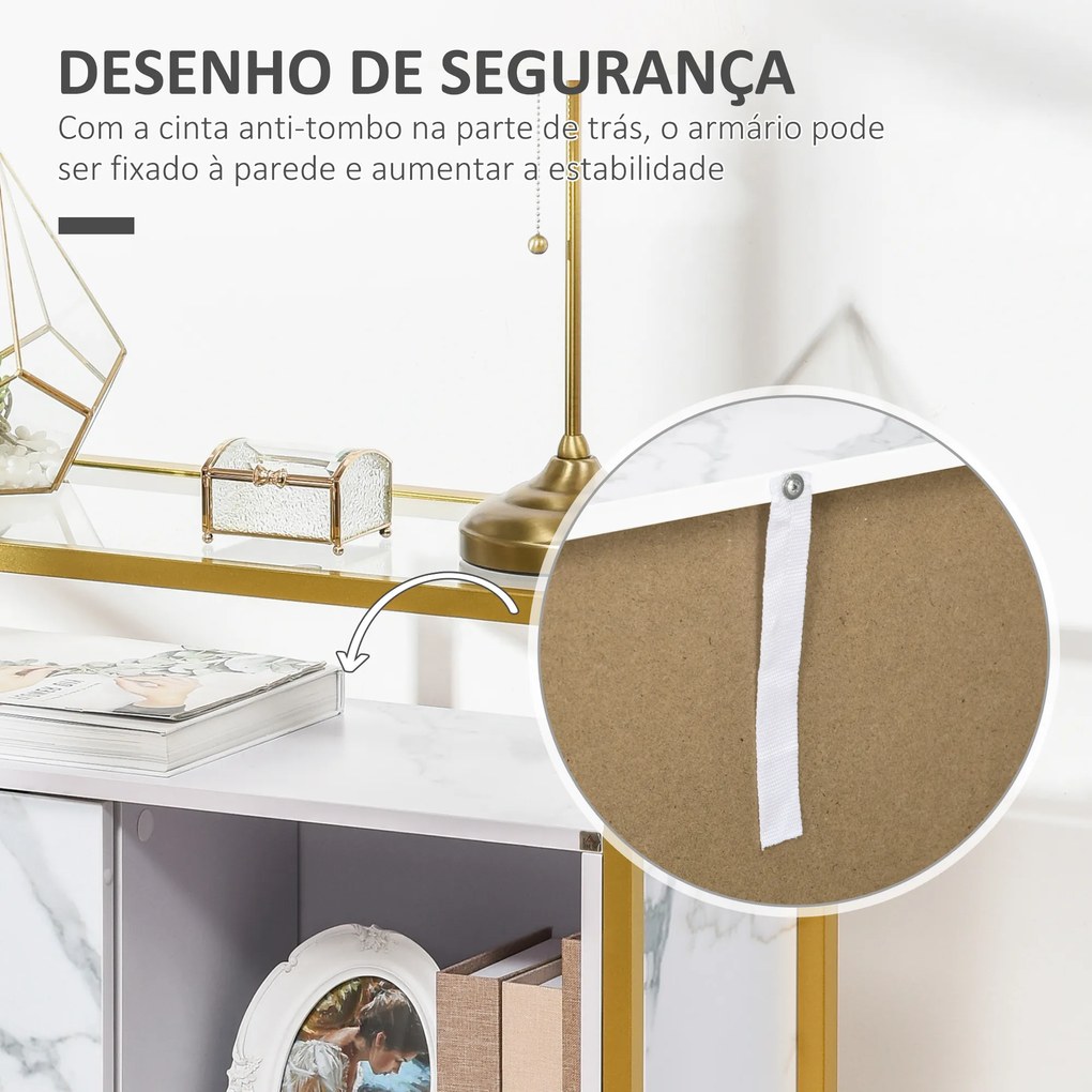 HOMCOM Mesa Consola Aparador de Entrada com Bancada de Vidro Temperado e Compartimento de Armazenamento Móvel de Entrada para Sala de Estar Estúdio 80x30x90cm Branco e Dourado
