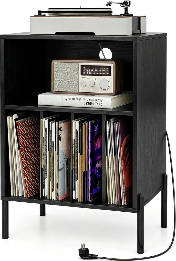 Móvel para Gira-Discos, 53 x 45 x 78,5 cm, Armazenamento de Discos e Carregamento USB e Tipo C, Preto