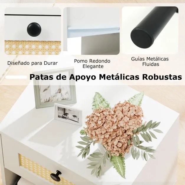 Conjunto de 2 mesas de cabeceira com gaveta estilo boémio, com pés de metal e compartimento aberto 40 x 30 x 52 cm Branca