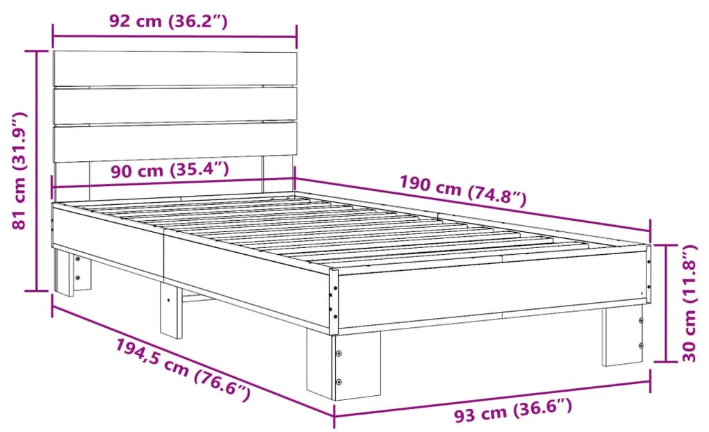 Estrutura de cama 90x190 cm derivados de madeira e metal preto