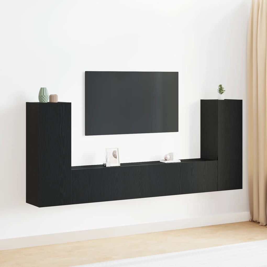 vidaXL Conjunto de Estante para TV de 4 peças Montada na Parede em Carvalho Preto, Madeira Engenharia