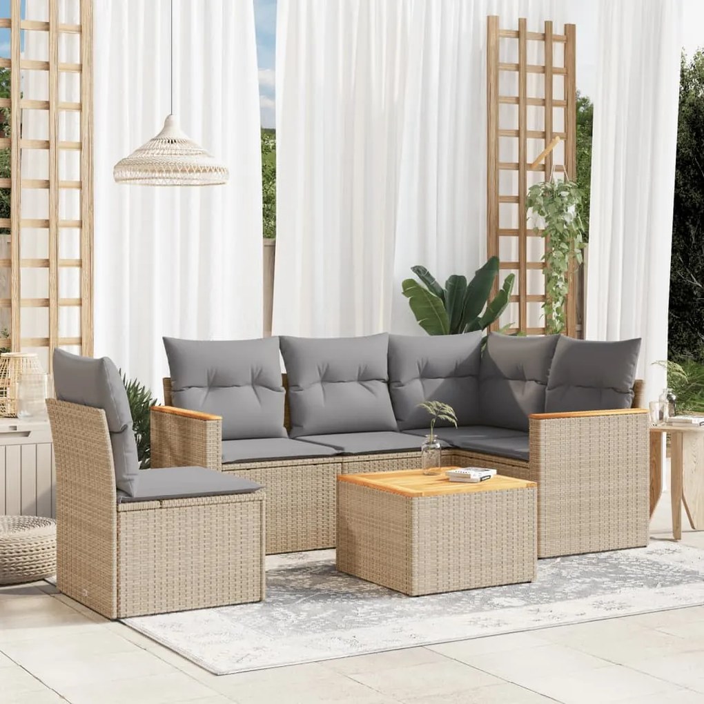 6 pcs conj. sofás jardim c/ almofadões vime PE bege misturado