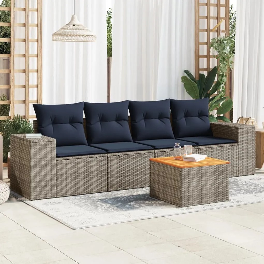 vidaXL 5 pcs conjunto sofás p/ jardim c/ almofadões vime PE cinzento