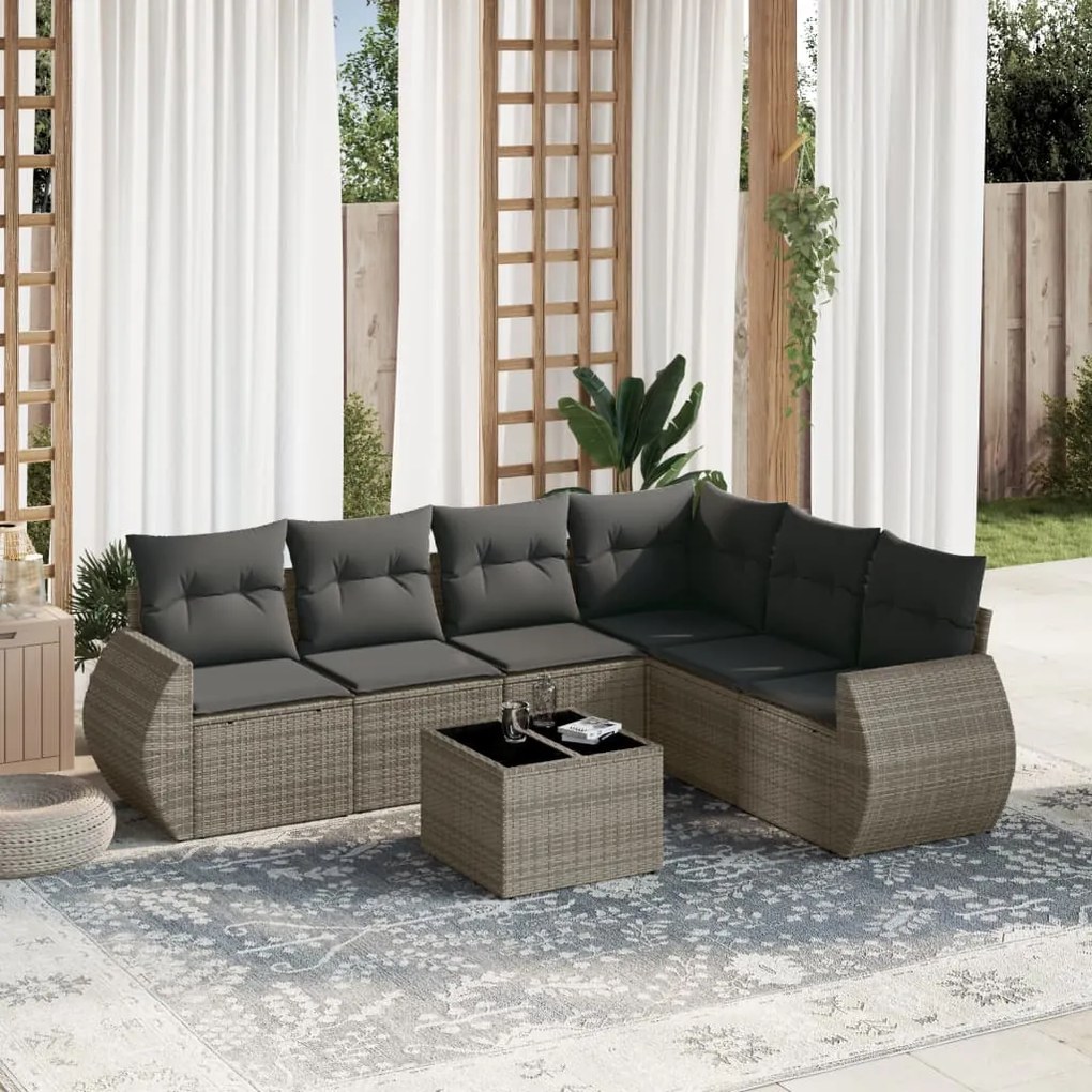 7 pcs conjunto sofás p/ jardim c/ almofadões vime PE cinzento