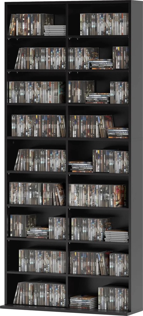 Organizador para CD e DVD com 18 compartimentos, capacidade máxima de 640 CD/360 DVD/430 Blu-ray, 78,5 x 24 x 175 cm, preto