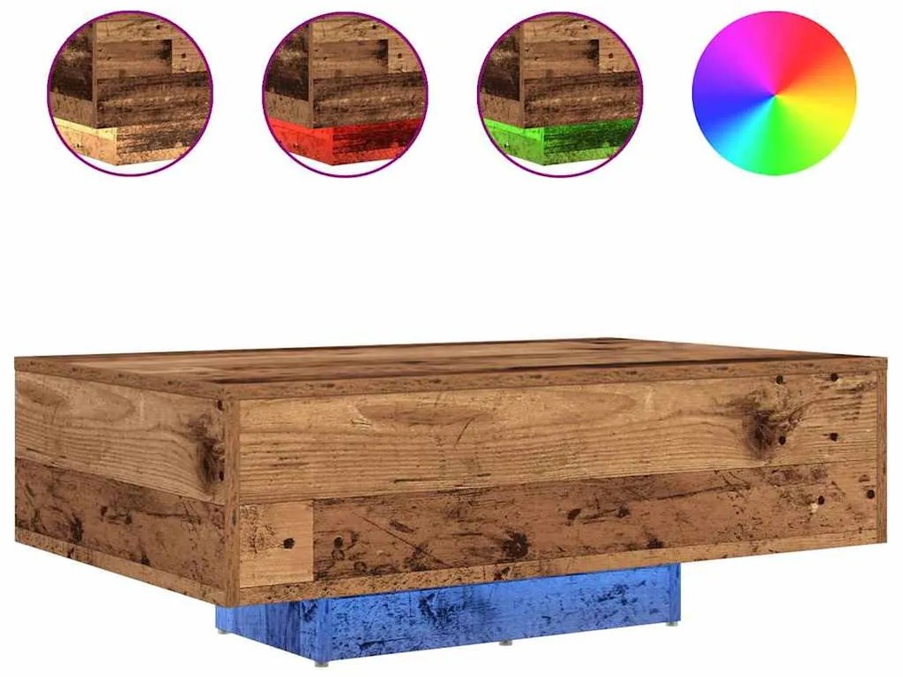 Mesa de Centro vidaXL com Luzes LED Madeira Antiga 85x55x31 cm
