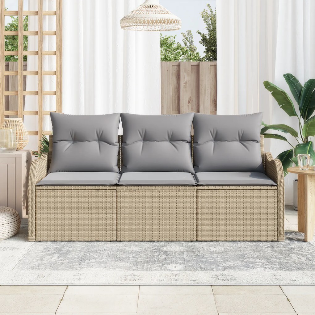 Conjunto de Sofá de Jardim de 3 Peças com Almofadas Bege Rattan Poli