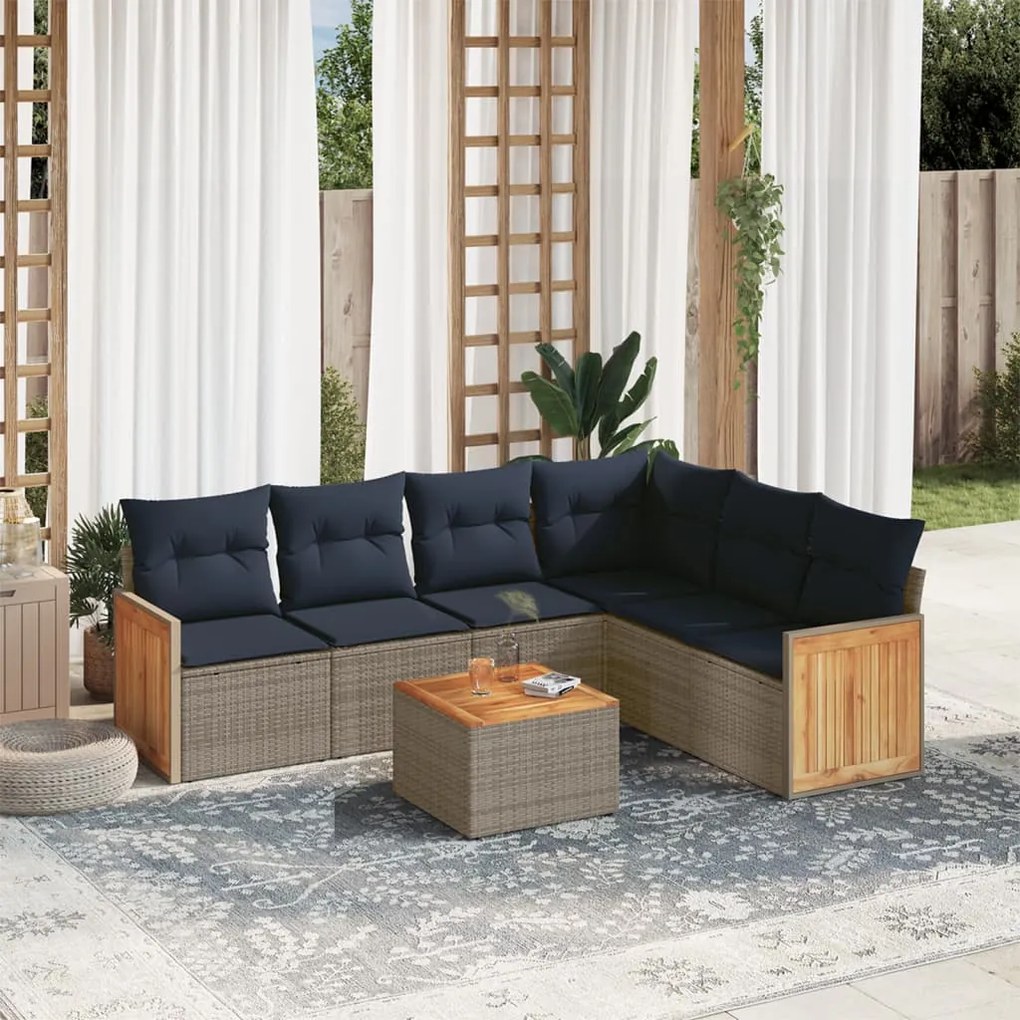 vidaXL 7 pcs conjunto sofás p/ jardim c/ almofadões vime PE cinzento