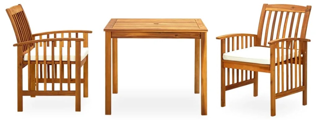 3 pcs conjunto de jantar p/ jardim c/ almofadões acácia maciça