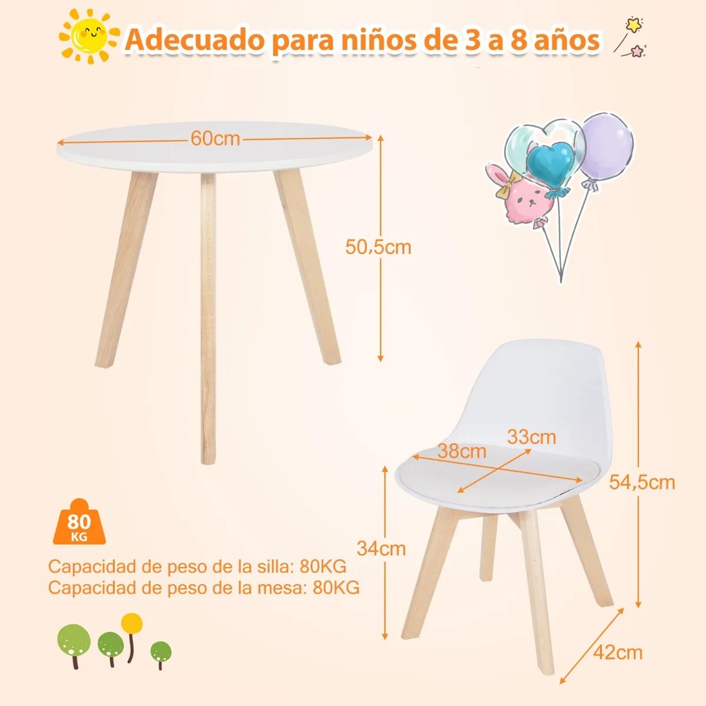 Conjunto de mesa e cadeira de 3 peças para crianças com pernas de madeira 60 x 50,5 cm brancas