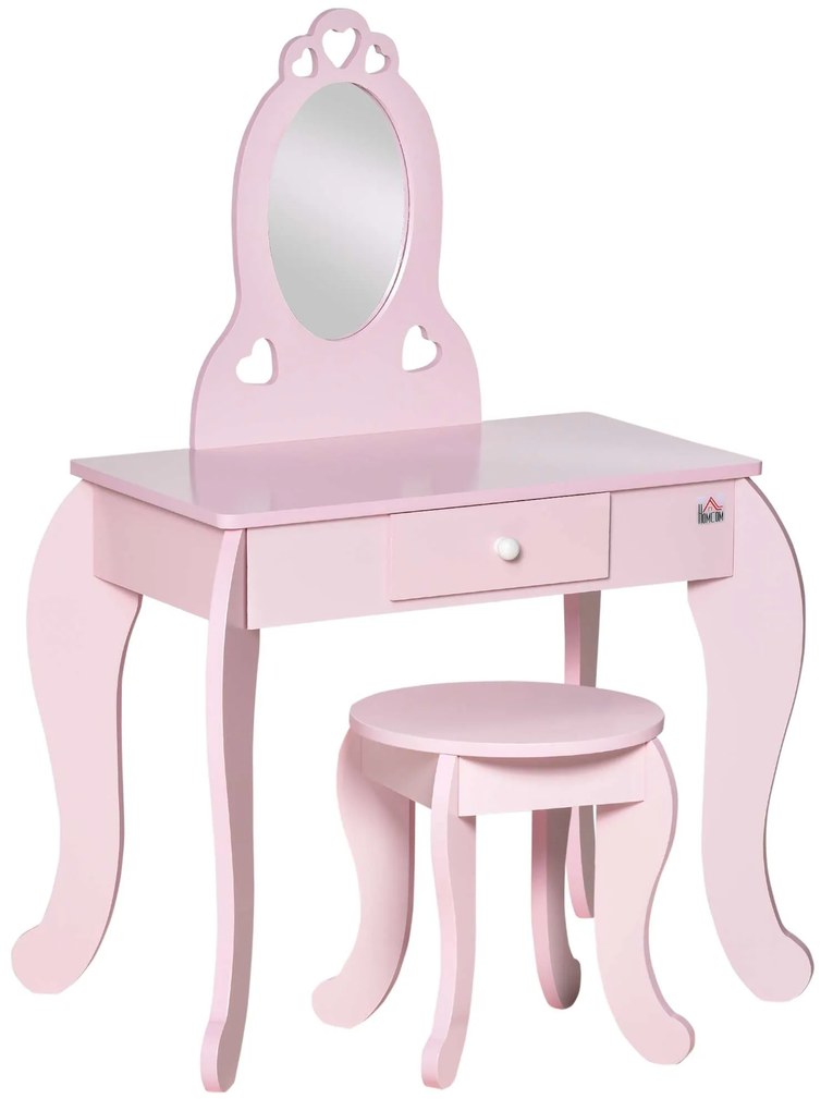 HOMCOM Toucador Princesa Infantil Banco Espelho Gaveta Mesa Maquilhagem Rosa 60x36x88cm Decoração Quarto