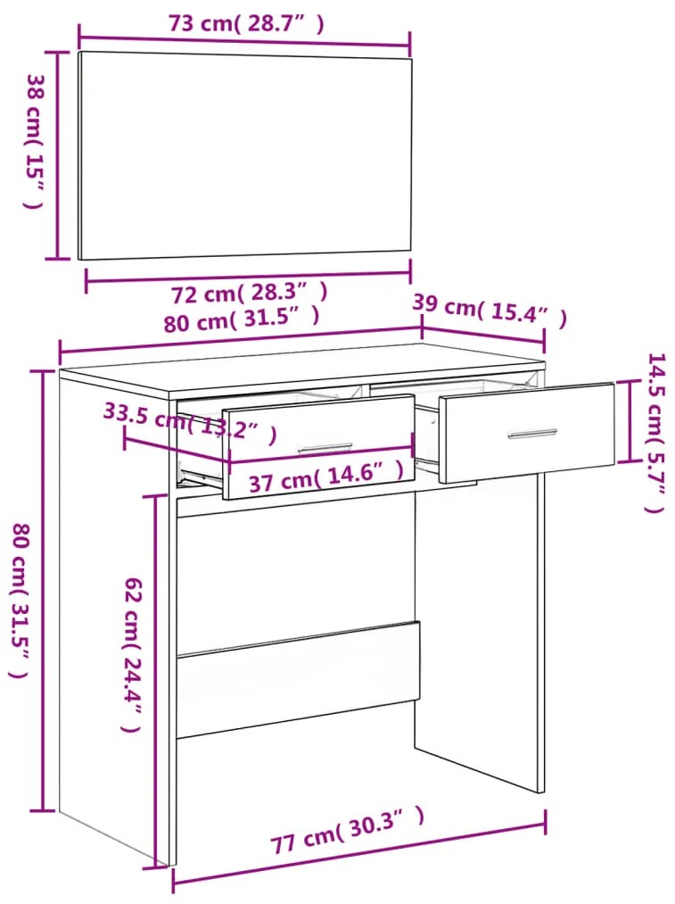 Toucador com espelho 80x39x80 cm cor carvalho sonoma