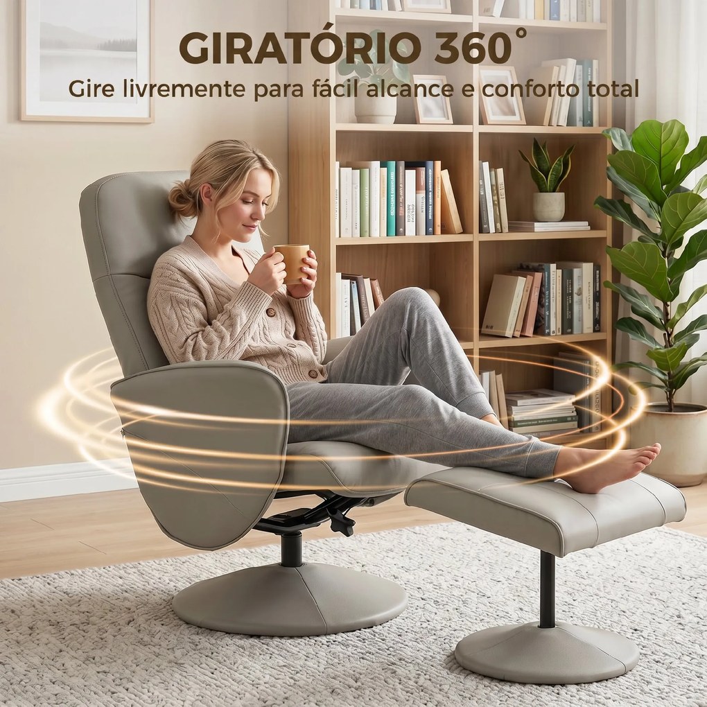 Poltrona Relax Reclinável com Otomana Encosto Alto Giratória 360° Apoios de Braços 76x81x101 cm Bege Cinzento