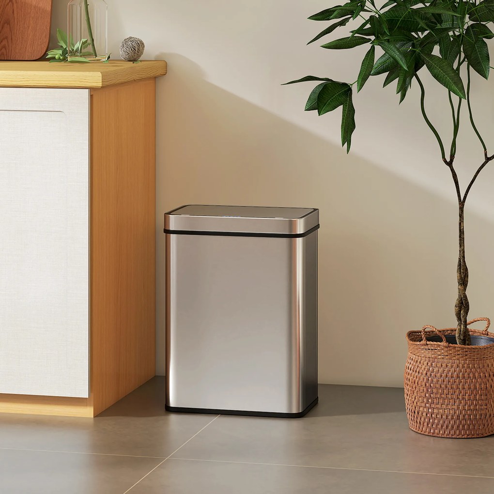 Caixote do lixo com sensor de 50 L com tampa de fecho suave 39 x 27 x 54 cm, caixote do lixo automático de cozinha em aço inoxidável, prateado