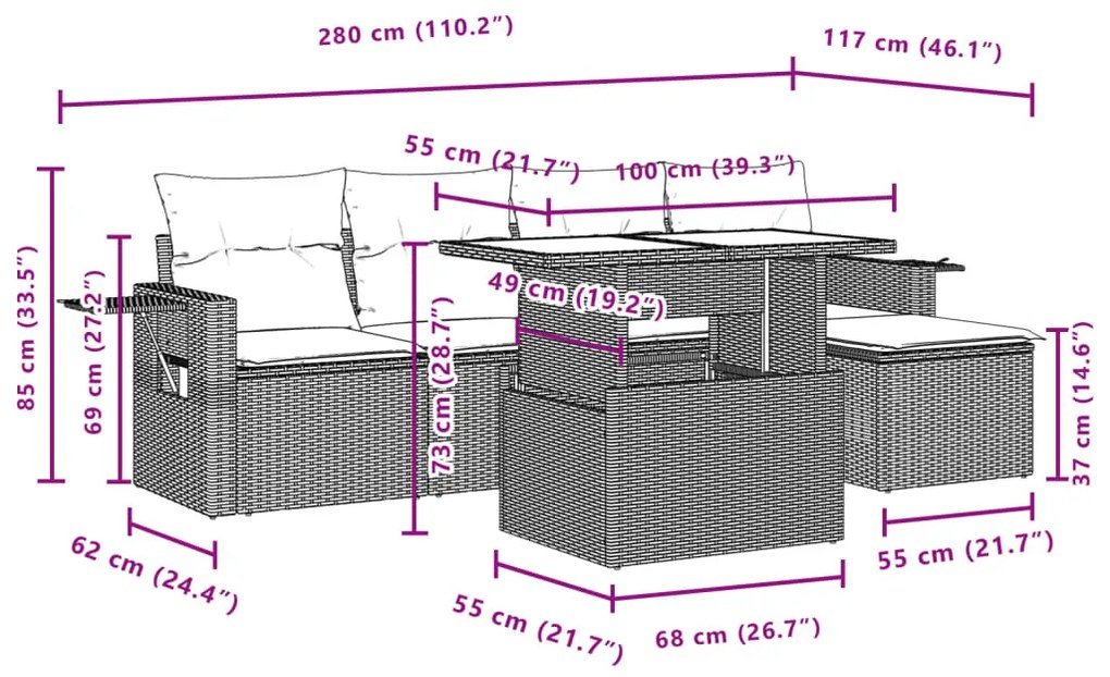 6 pcs conjunto de sofás jardim c/ almofadões vime PE castanho