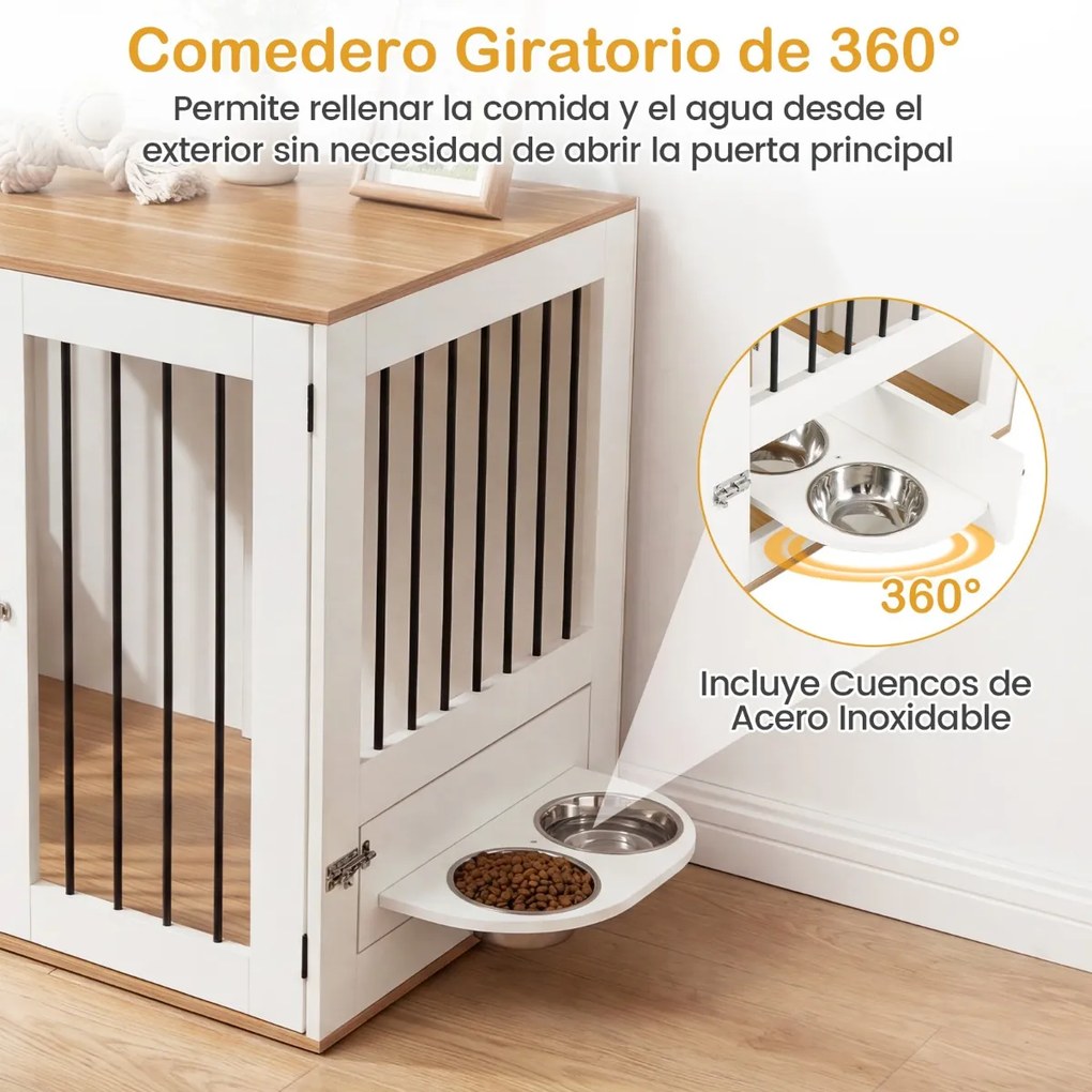 Gaiola para cães 80 x 55,5 x 71,5 cm com mesa auxiliar e comedouro giratório a 360°, portas com fechadura dupla e tigelas para animais de estimação de
