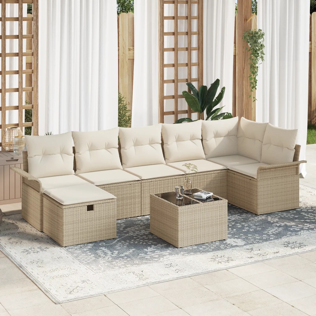 Conjunto de Sofás de Jardim de 8 Peças com Almofadas Bege Vime PE