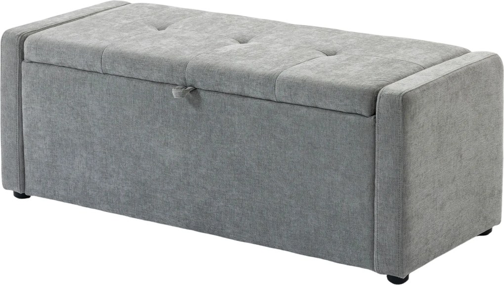 Banco com arrumação, apoio para os pés, estofado em linho com assento largo, 122 x 48 x 44 cm, cinzento claro