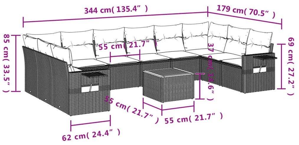 11 pcs conjunto sofás de jardim c/ almofadões vime PE cinzento