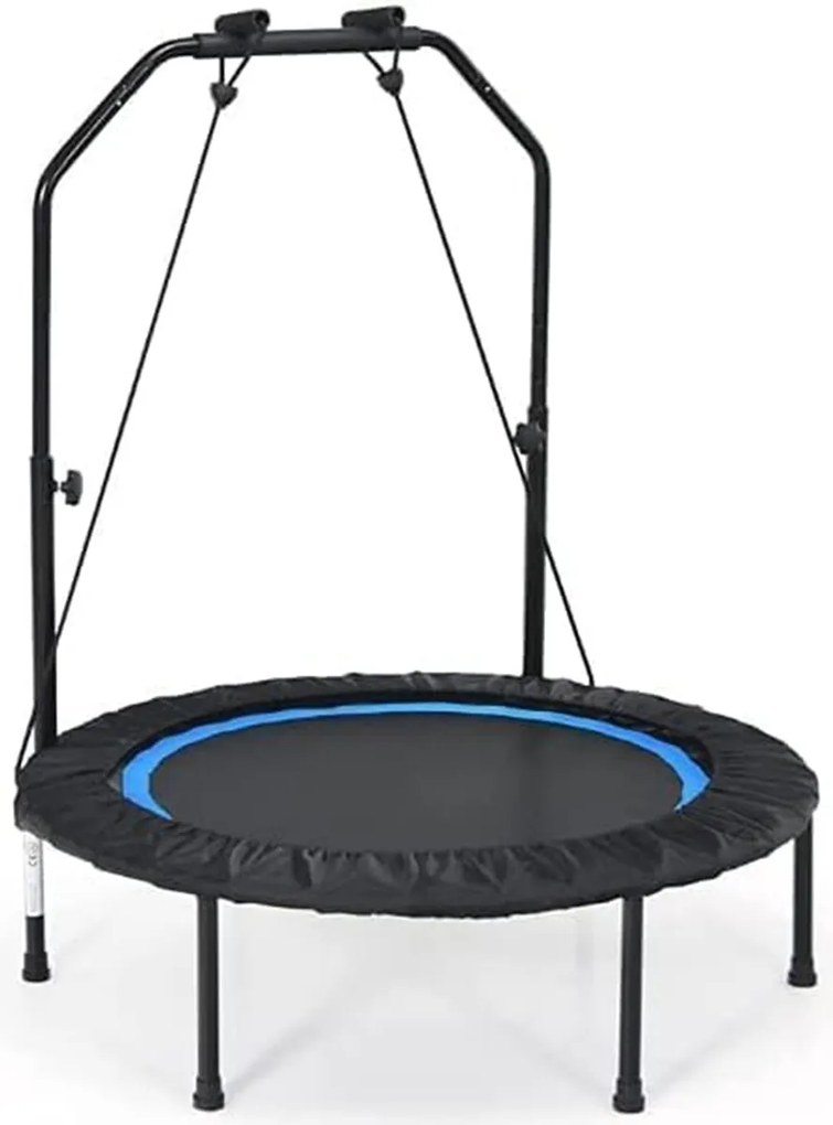 Trampolim Fitness Dobrável 150 KG com Barras de Apoio Ajustáveis e Capa de Segurança Acolchoada para Adultos e Crianças preto e azul