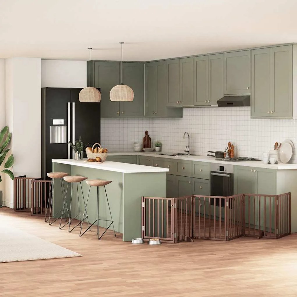 vidaXL Portão cães c/ porta dobrável 15 painéis 750 cm álamo castanho