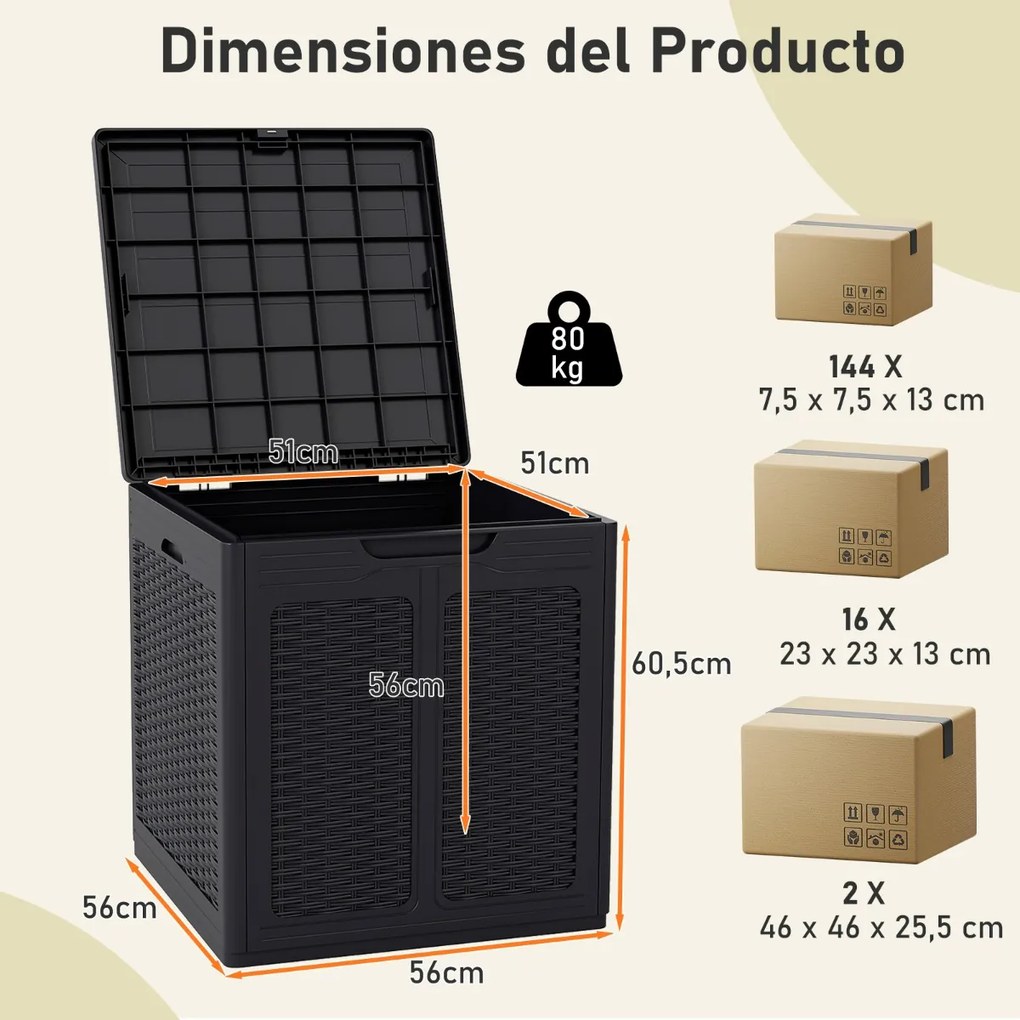 Caixa de armazenamento exterior 56 x 56 x 60,5 cm de 145 L Recipiente de PP com padrão de rattan e tampa com fechadura preto