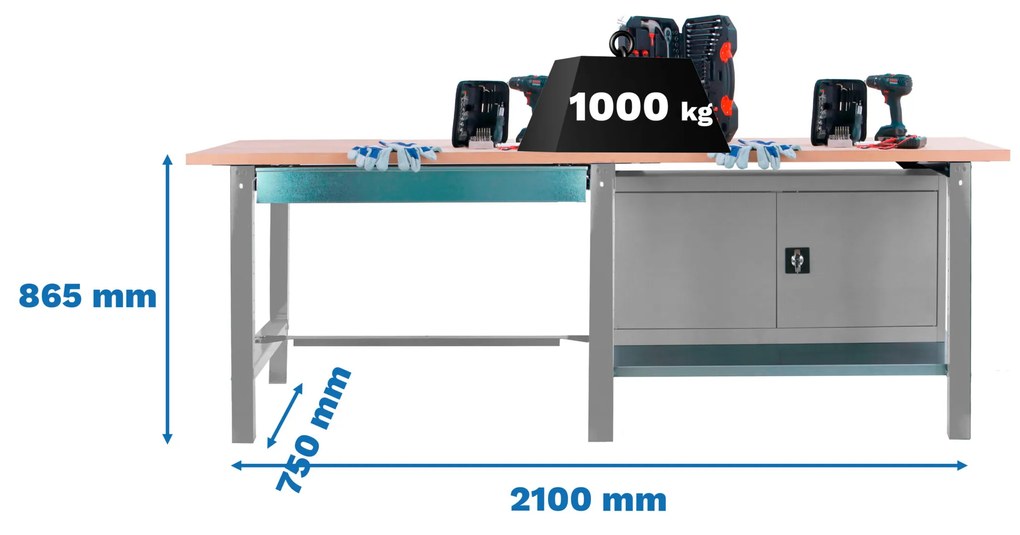 Bancada de Trabalho SIMONWORK BT6 PROFISSIONAL TANDE LAMILATE 1 GAVETAS 1 ARMÁRIO 2100 CINZENTA Casa, Escritório, Garagem, Oficina Capacidade 1000 Kg