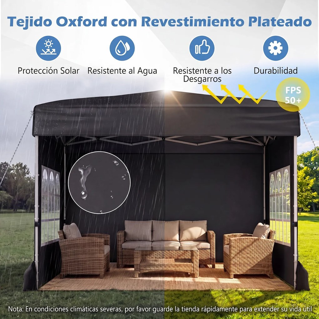 Tenda Dobrável de Exterior feiras, eventos, festas, 300 x 300 x 250-268 cm, 4 Paredes Removíveis e 4 sacos areia Preta