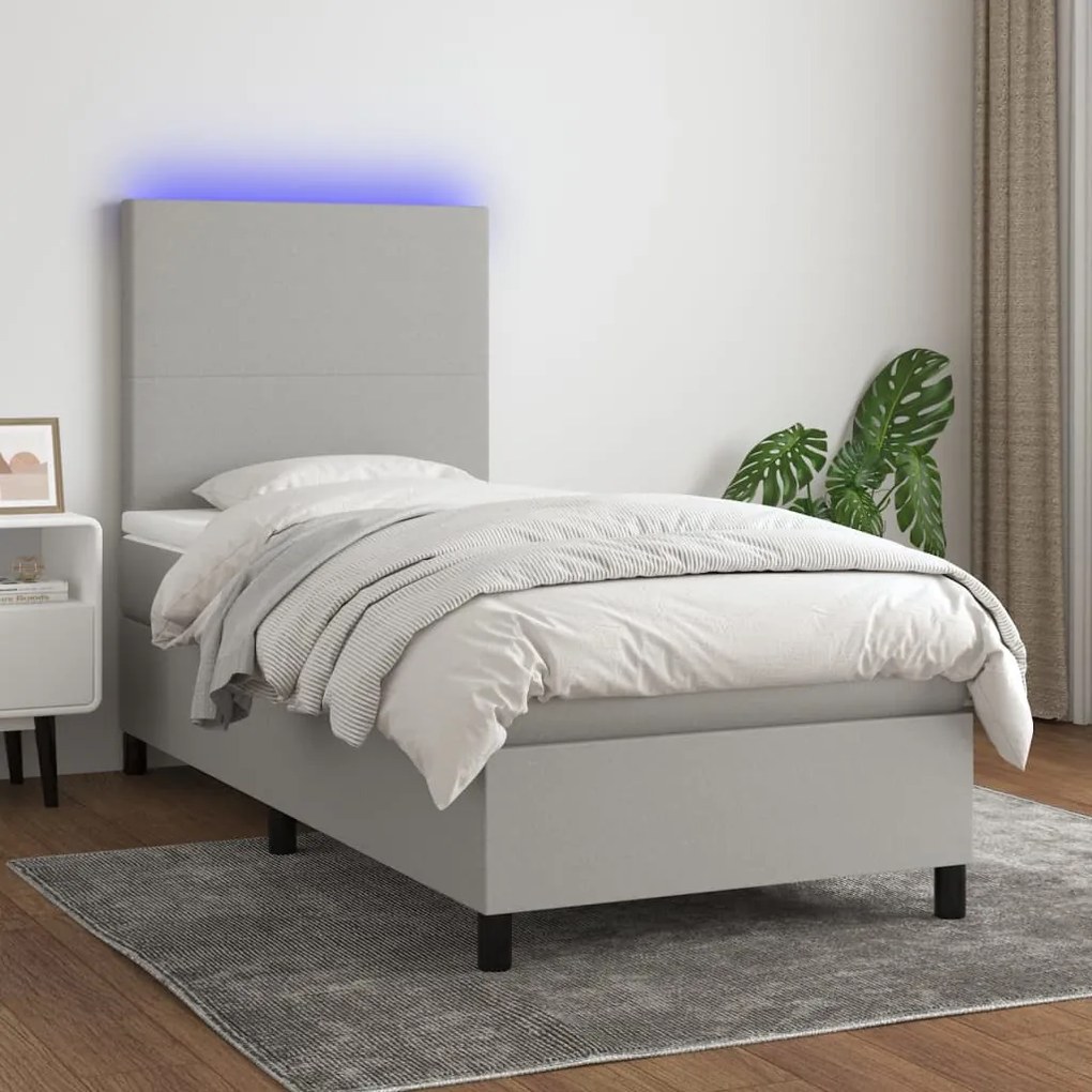 Cama box spring c/ colchão e LED 80x200 cm tecido cinza-claro