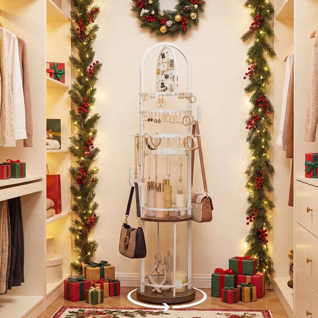 Organizador giratório 360º  33 x 33 x 148 cm com cabides e prateleiras para joias e carteiras Branco e cinzento