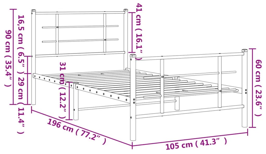 Estrutura de cama com cabeceira e pés 100x190 cm metal branco