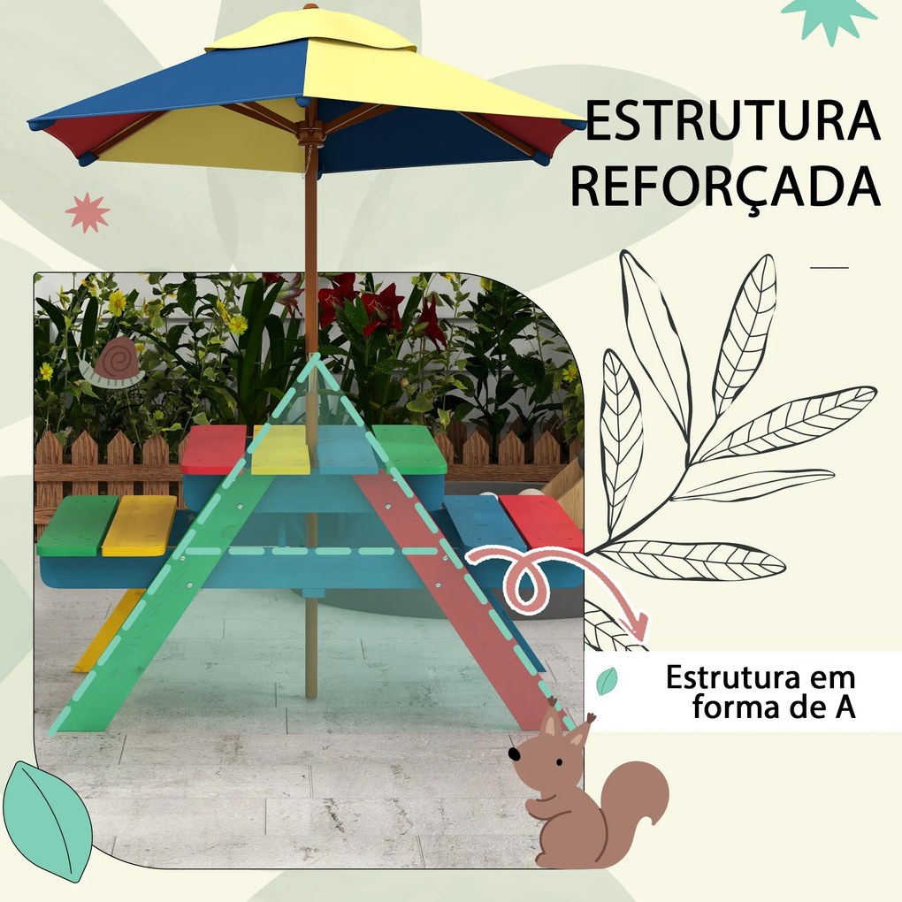 Mesa de Piquenique para Crianças em Madeira com 2 Bancos e Chapéu de S