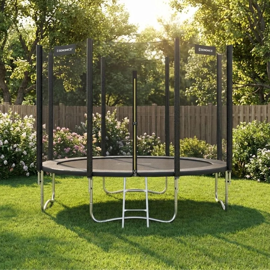 Trampolim de 305 cm com rede de segurança de 180 cm e varas pretas