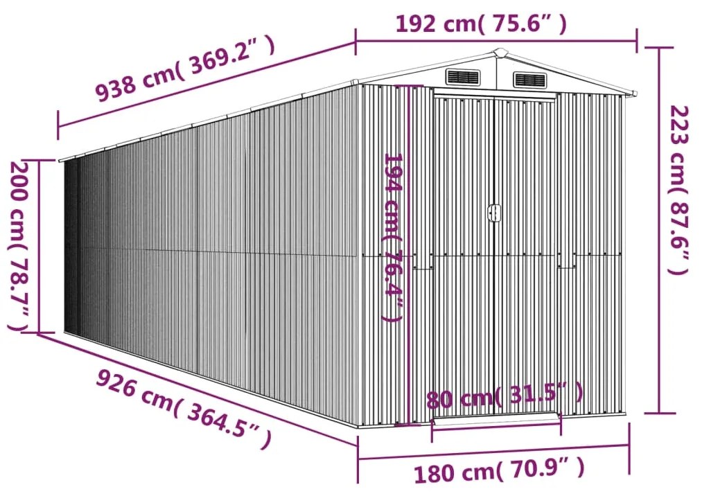 Abrigo de jardim 192x938x223 cm aço galvanizado antracite