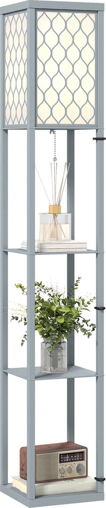 Candeeiro de pé com prateleiras, candeeiro de pé de sala com 3 níveis, interruptor de cordão, 26 x 26 x 160 cm, cinzento e branco