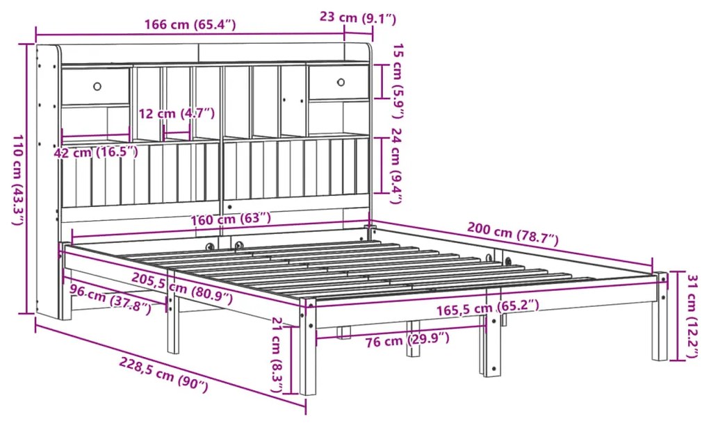 Cama com estante sem colchão 160x200 cm pinho maciço branco