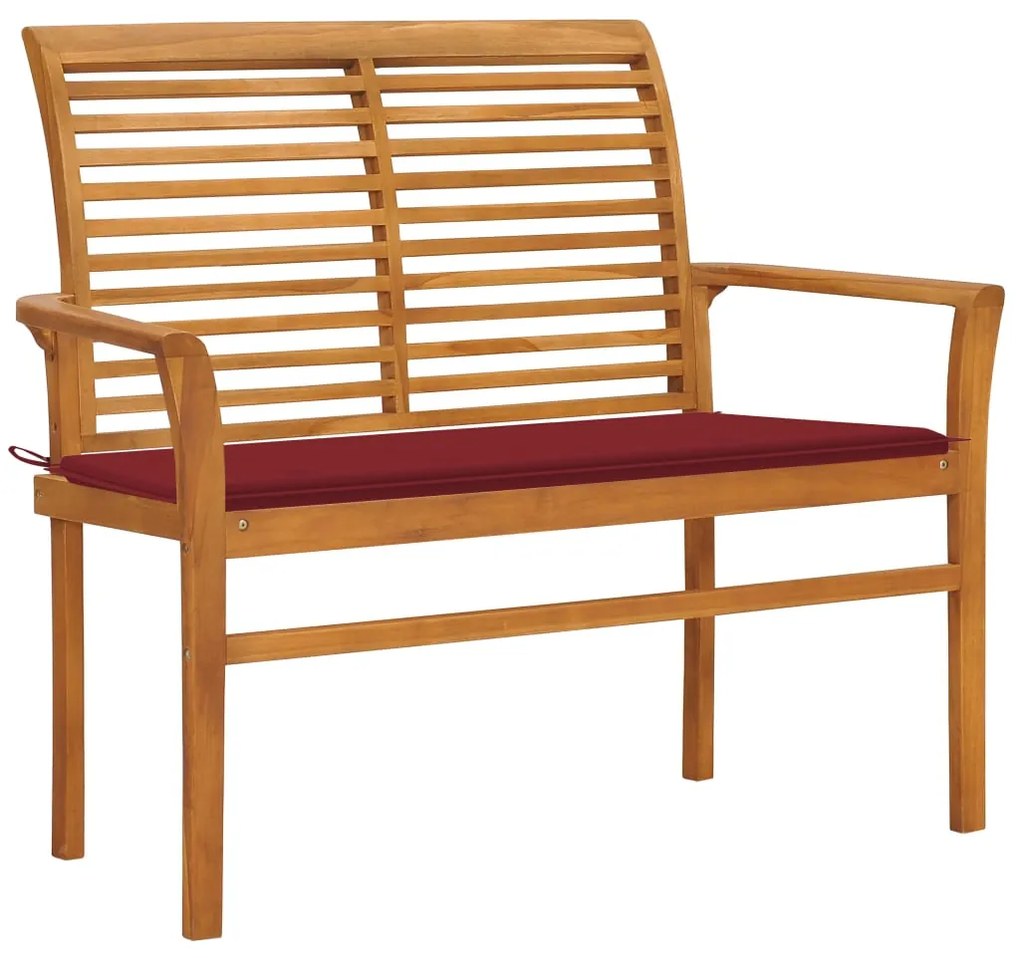 vidaXL Banco de jardim c/ almofadão vermelho tinto 112 cm teca maciça