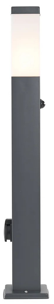 Candeeiro de exterior cinzento escuro com vidro opalino 80cm IP44 com tomada e sensor de movimento - Malios Moderno