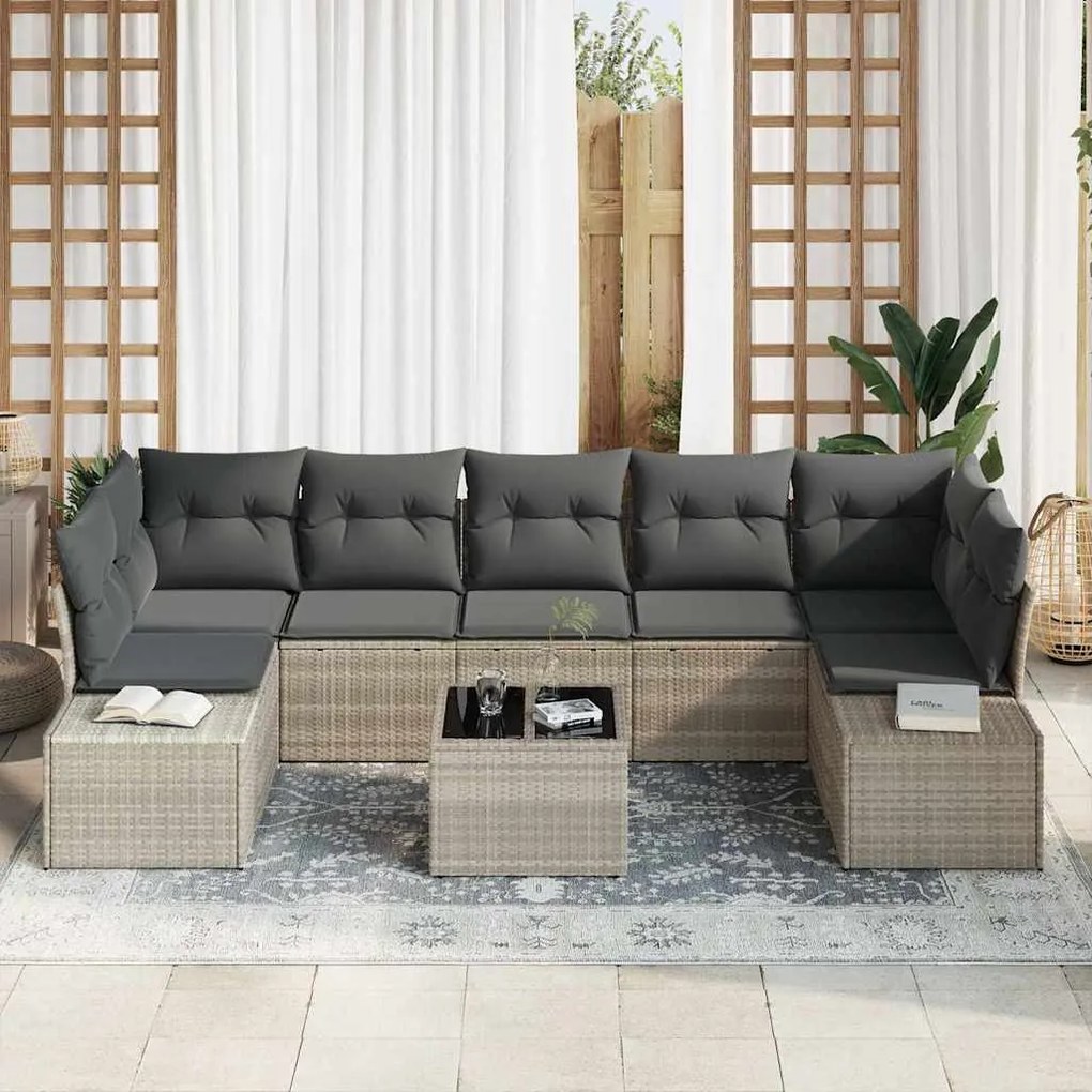 Conjunto de Sofá de Jardim de 8 Peças com Almofadas Cinza Claro em Rat